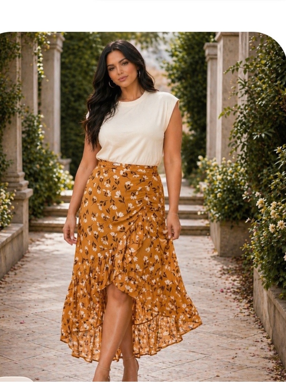 Sonoma Mustard Floral High-Low Ruffle Skirt